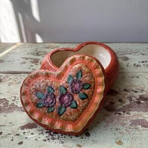 Vintage Orange Heart Shaped Box 1970s Home Decor Hand-Painted Cottage